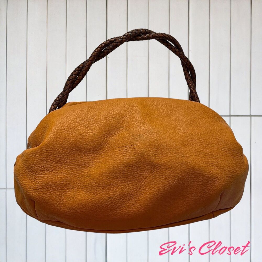 Desmo Yellowish-Orange Genuine Leather Shoulder Bag With Braided Straps